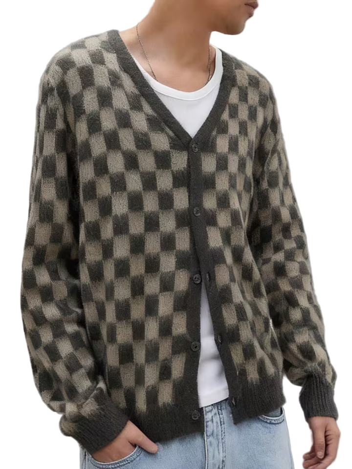 Men’s Checkerboard Button-Up Cardigan