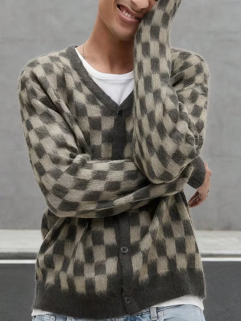 Men’s Checkerboard Button-Up Cardigan