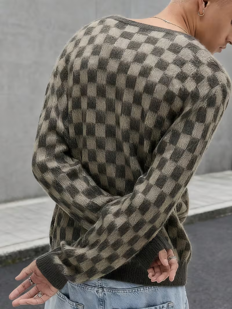 Men’s Checkerboard Button-Up Cardigan