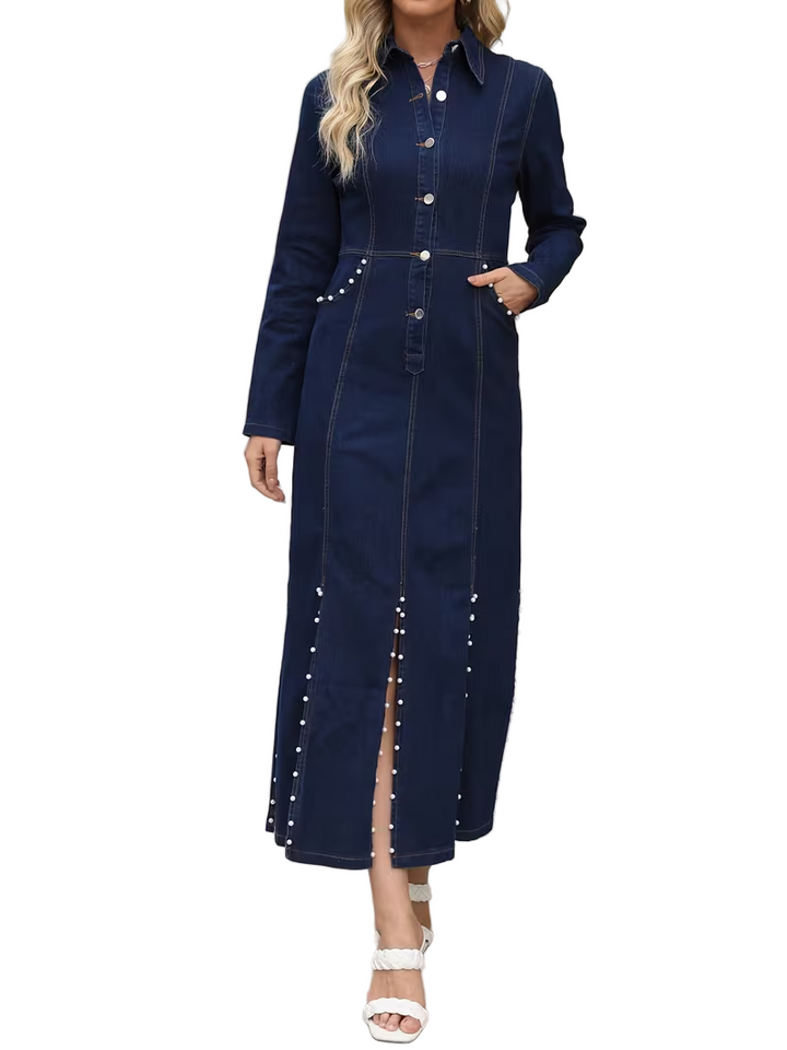 Women’s Long-Sleeved Maxi Dress with Beaded Slits
