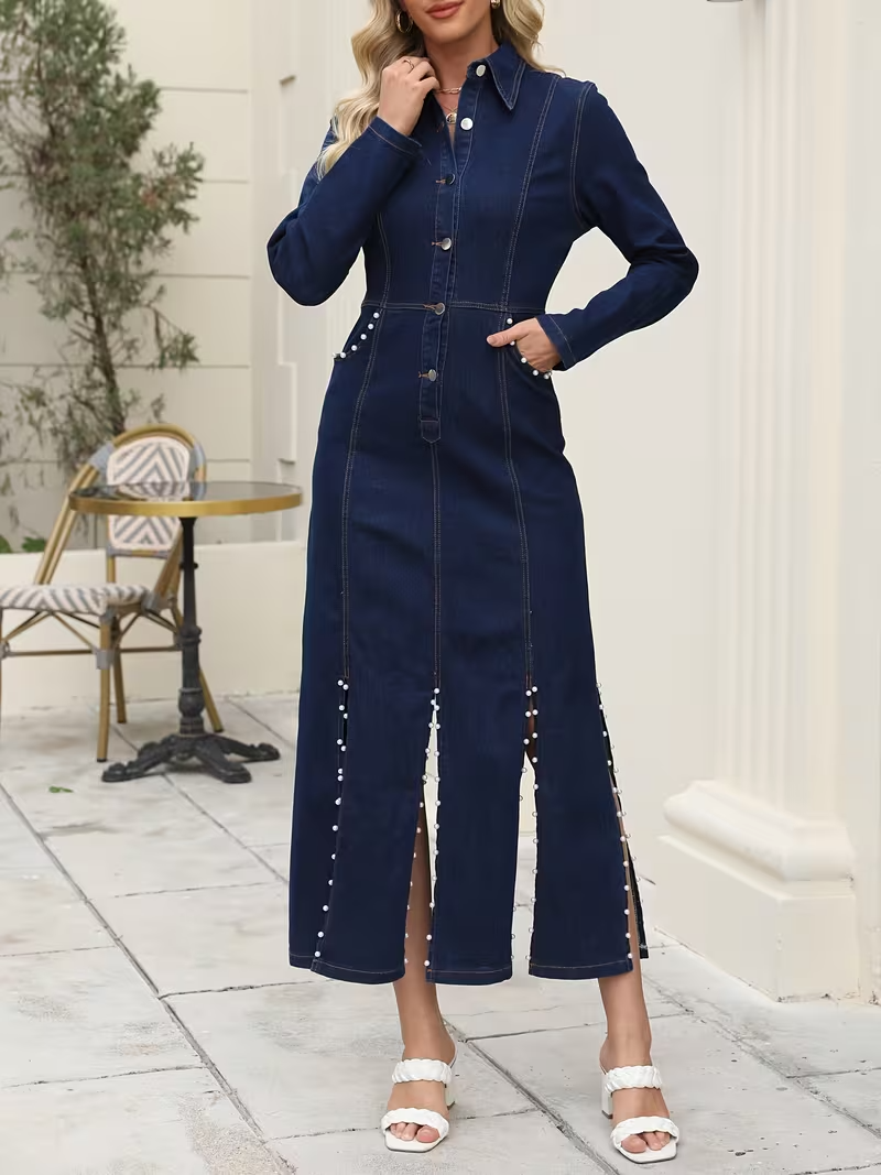 Women’s Long-Sleeved Maxi Dress with Beaded Slits