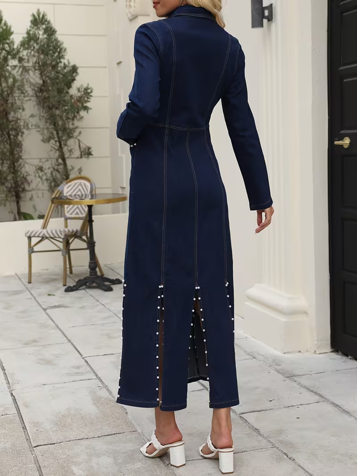 Women’s Long-Sleeved Maxi Dress with Beaded Slits