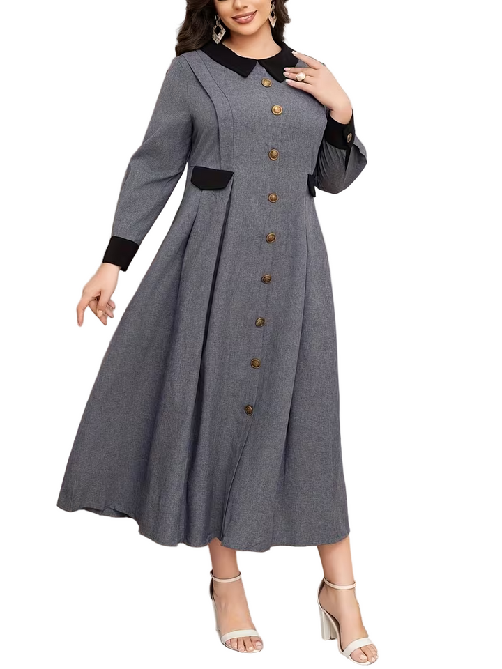 Women’s Long-Sleeved Midi Dress with Contrasting Trim