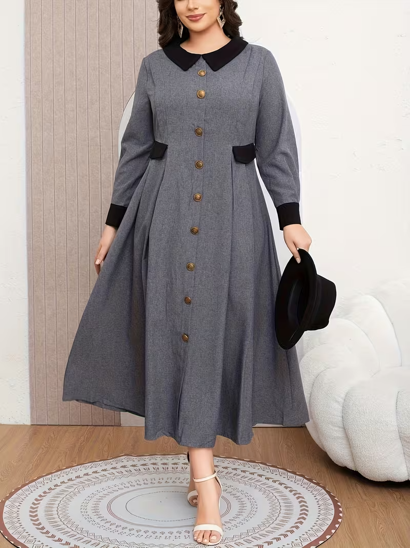 Women’s Long-Sleeved Midi Dress with Contrasting Trim
