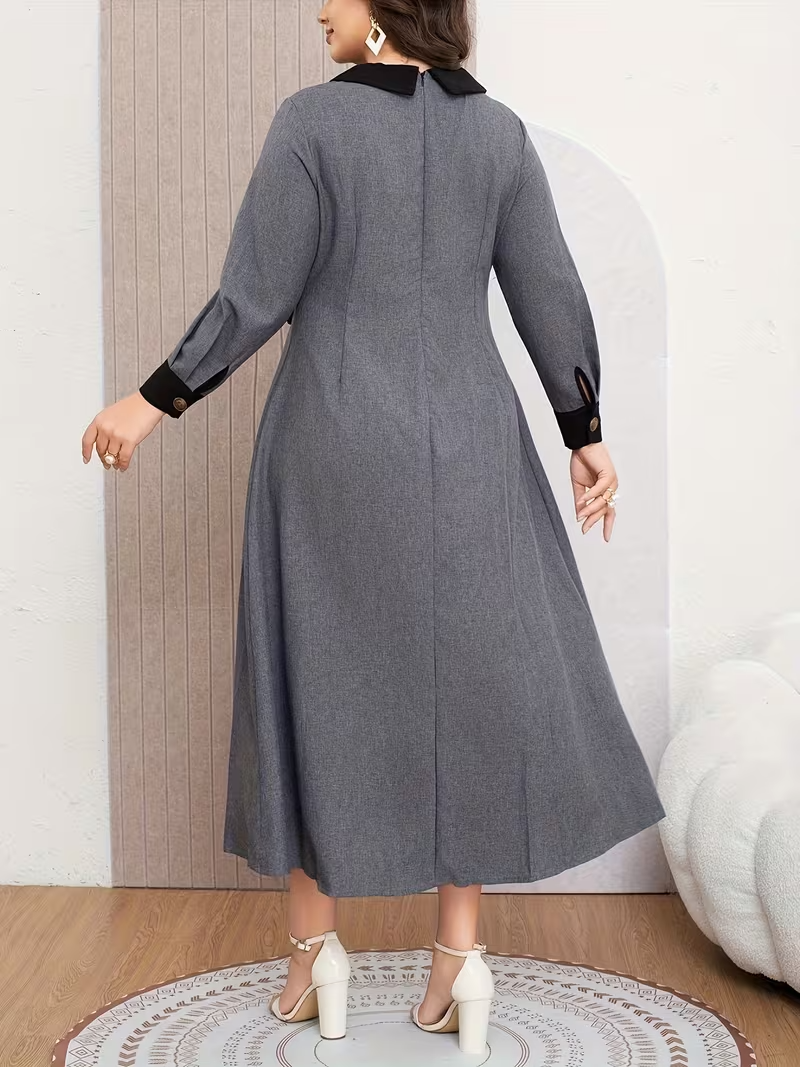 Women’s Long-Sleeved Midi Dress with Contrasting Trim