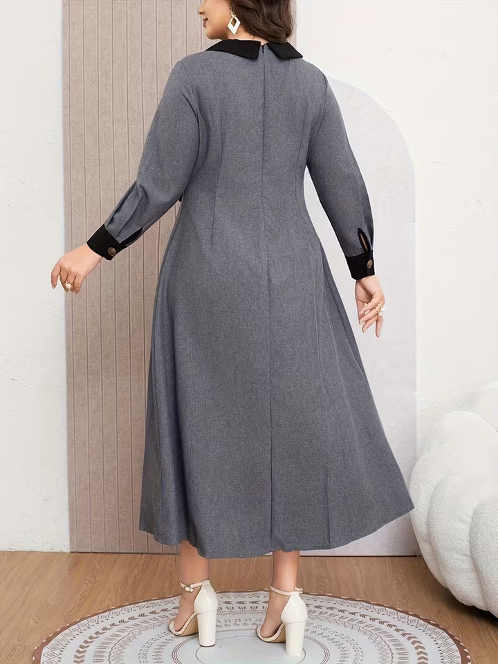 Women’s Long-Sleeved Midi Dress with Contrasting Trim