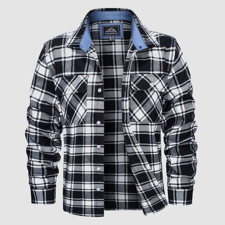 Men’s Long Sleeve Button-Down Plaid Shirt with Chest Pockets
