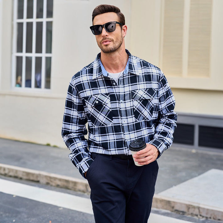 Men’s Long Sleeve Button-Down Plaid Shirt with Chest Pockets