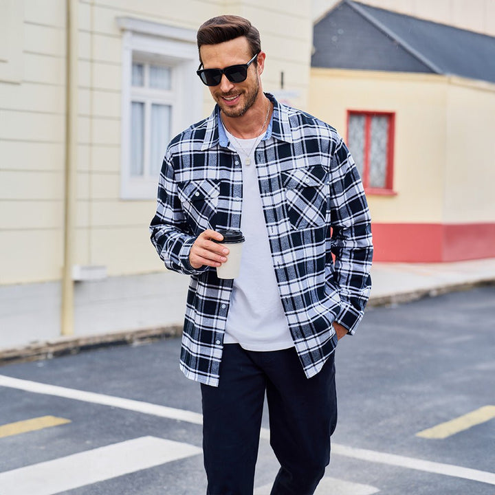 Men’s Long Sleeve Button-Down Plaid Shirt with Chest Pockets