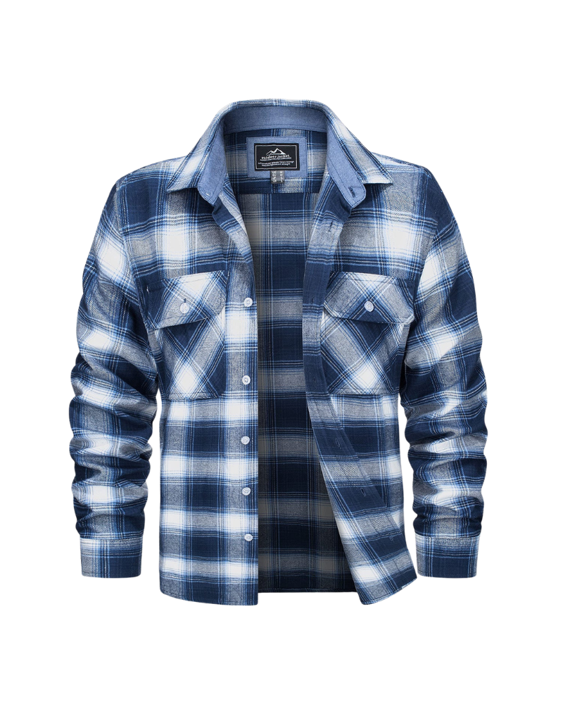 Men’s Long Sleeve Button-Down Plaid Shirt with Chest Pockets
