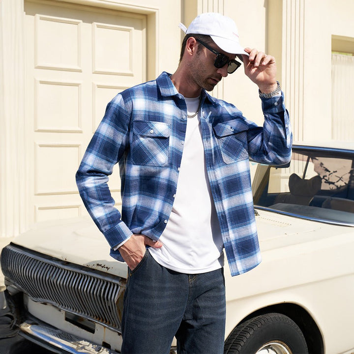 Men’s Long Sleeve Button-Down Plaid Shirt with Chest Pockets