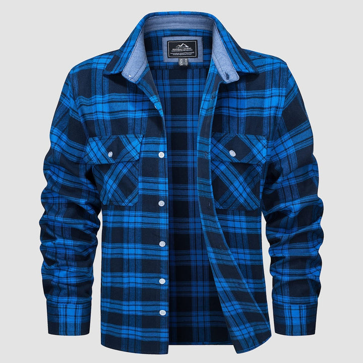 Men’s Long Sleeve Button-Down Plaid Shirt with Chest Pockets