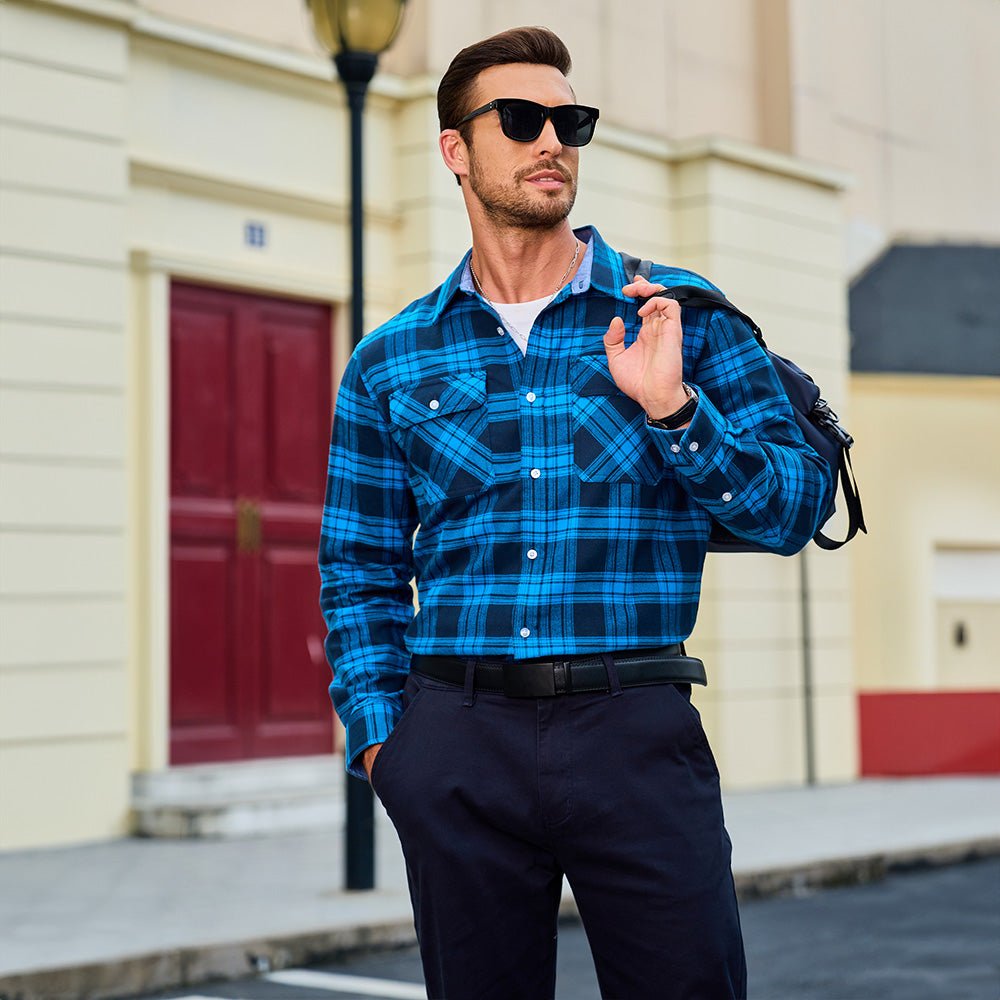 Men’s Long Sleeve Button-Down Plaid Shirt with Chest Pockets