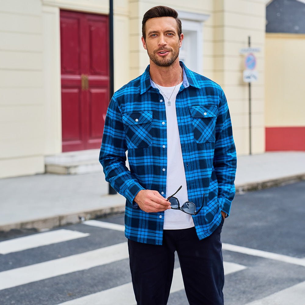 Men’s Long Sleeve Button-Down Plaid Shirt with Chest Pockets