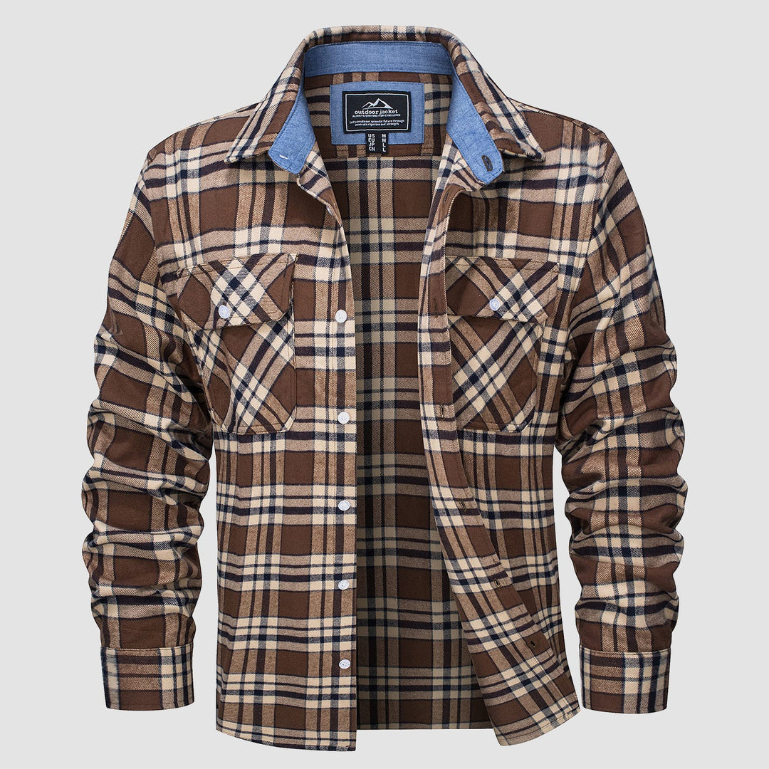 Men’s Long Sleeve Button-Down Plaid Shirt with Chest Pockets