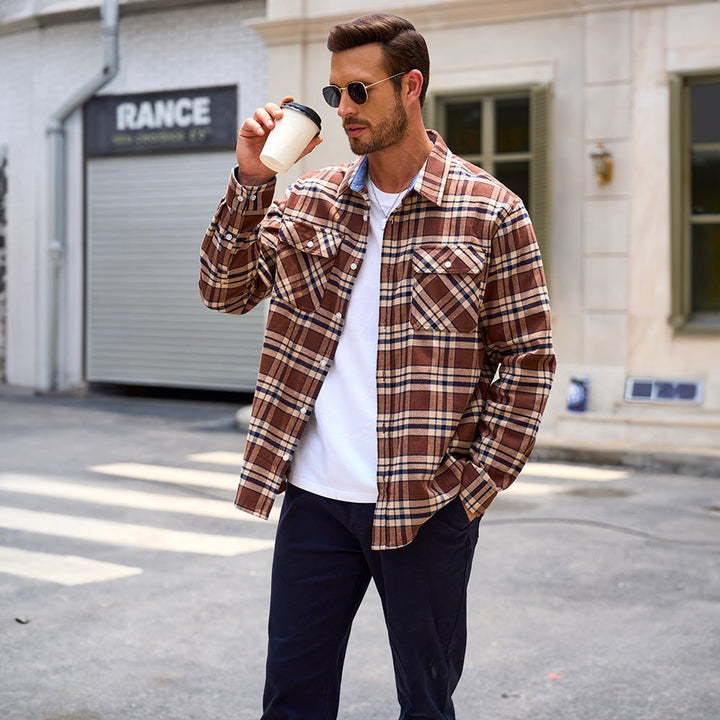 Men’s Long Sleeve Button-Down Plaid Shirt with Chest Pockets