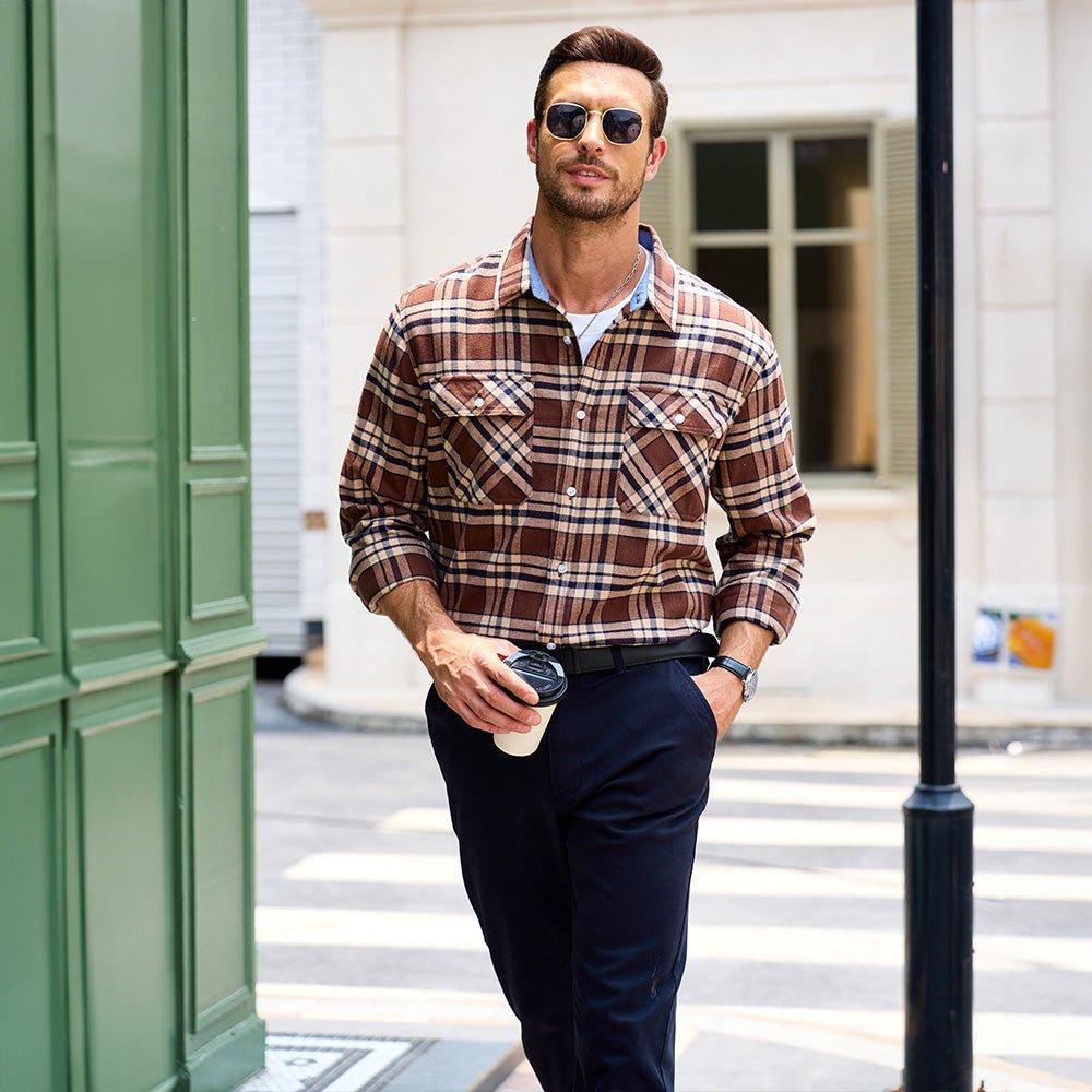 Men’s Long Sleeve Button-Down Plaid Shirt with Chest Pockets
