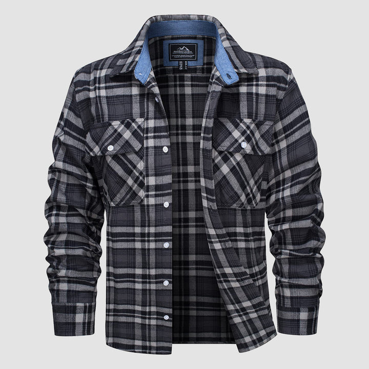 Men’s Long Sleeve Button-Down Plaid Shirt with Chest Pockets