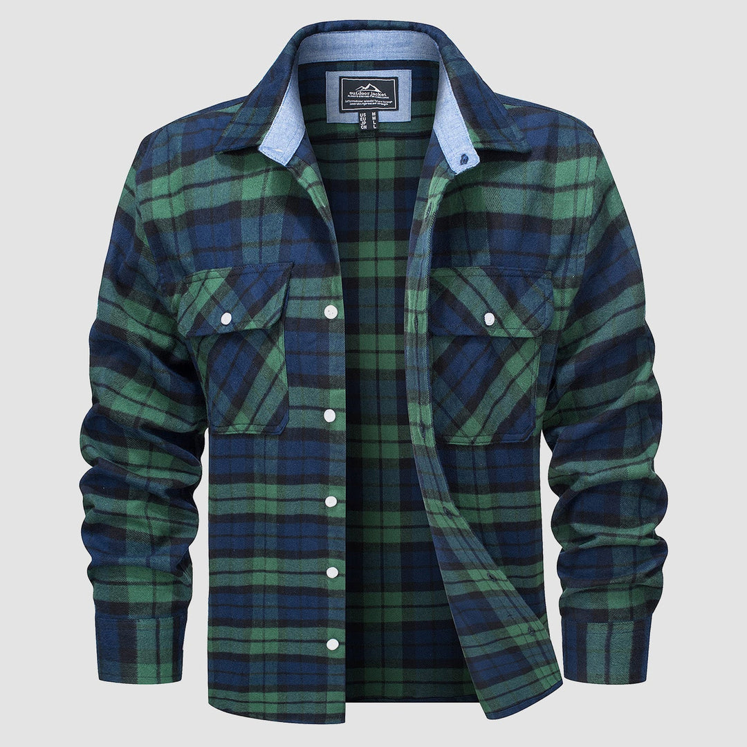Men’s Long Sleeve Button-Down Plaid Shirt with Chest Pockets