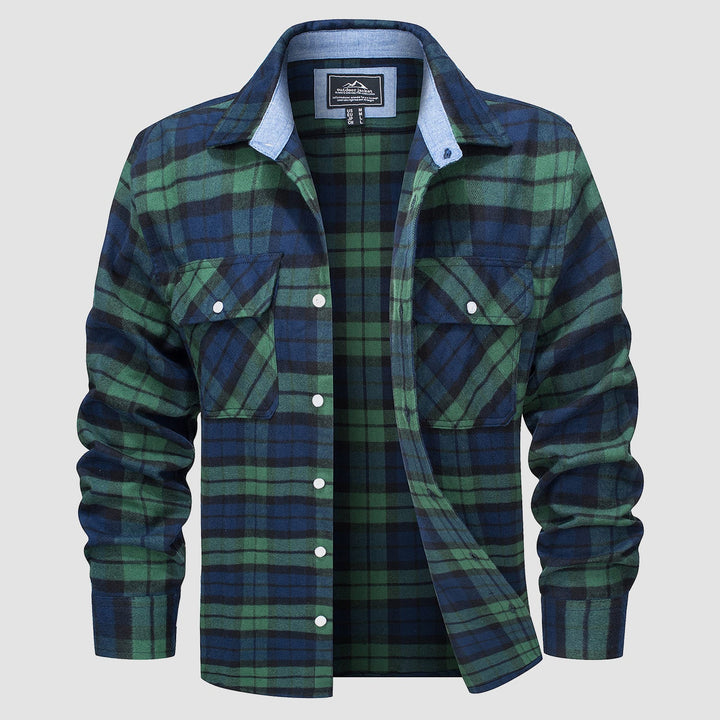 Men’s Long Sleeve Button-Down Plaid Shirt with Chest Pockets