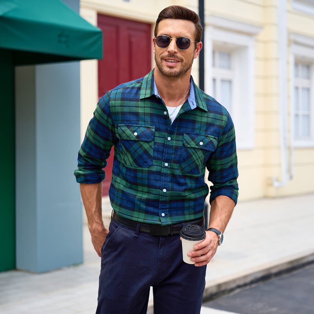 Men’s Long Sleeve Button-Down Plaid Shirt with Chest Pockets