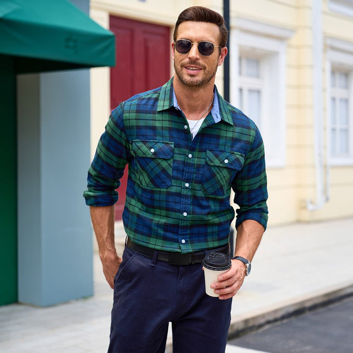 Men’s Long Sleeve Button-Down Plaid Shirt with Chest Pockets