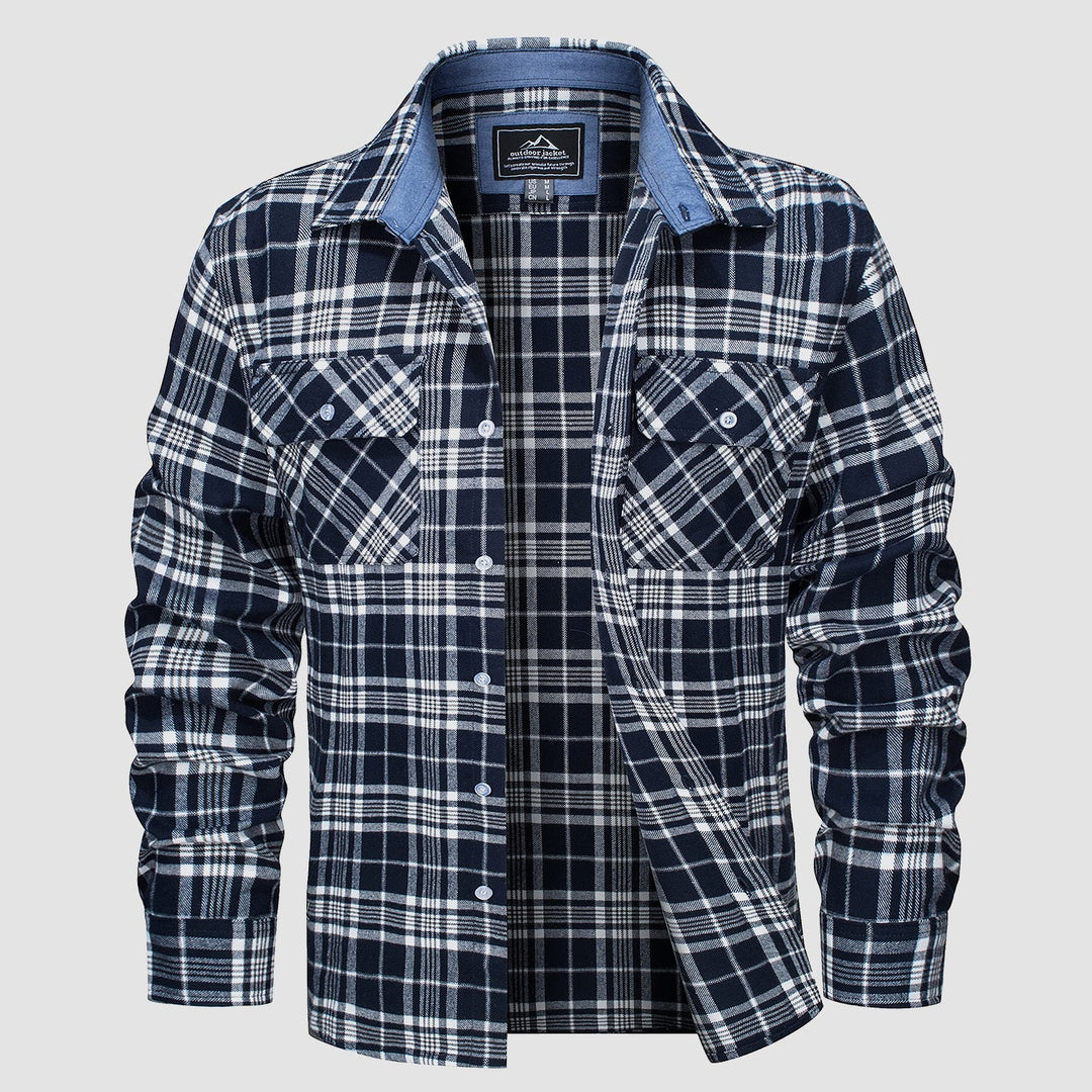 Men’s Long Sleeve Button-Down Plaid Shirt with Chest Pockets