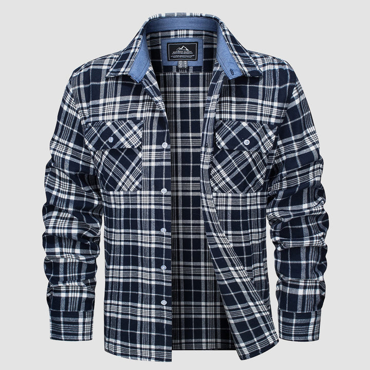Men’s Long Sleeve Button-Down Plaid Shirt with Chest Pockets