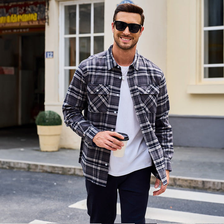 Men’s Long Sleeve Button-Down Plaid Shirt with Chest Pockets
