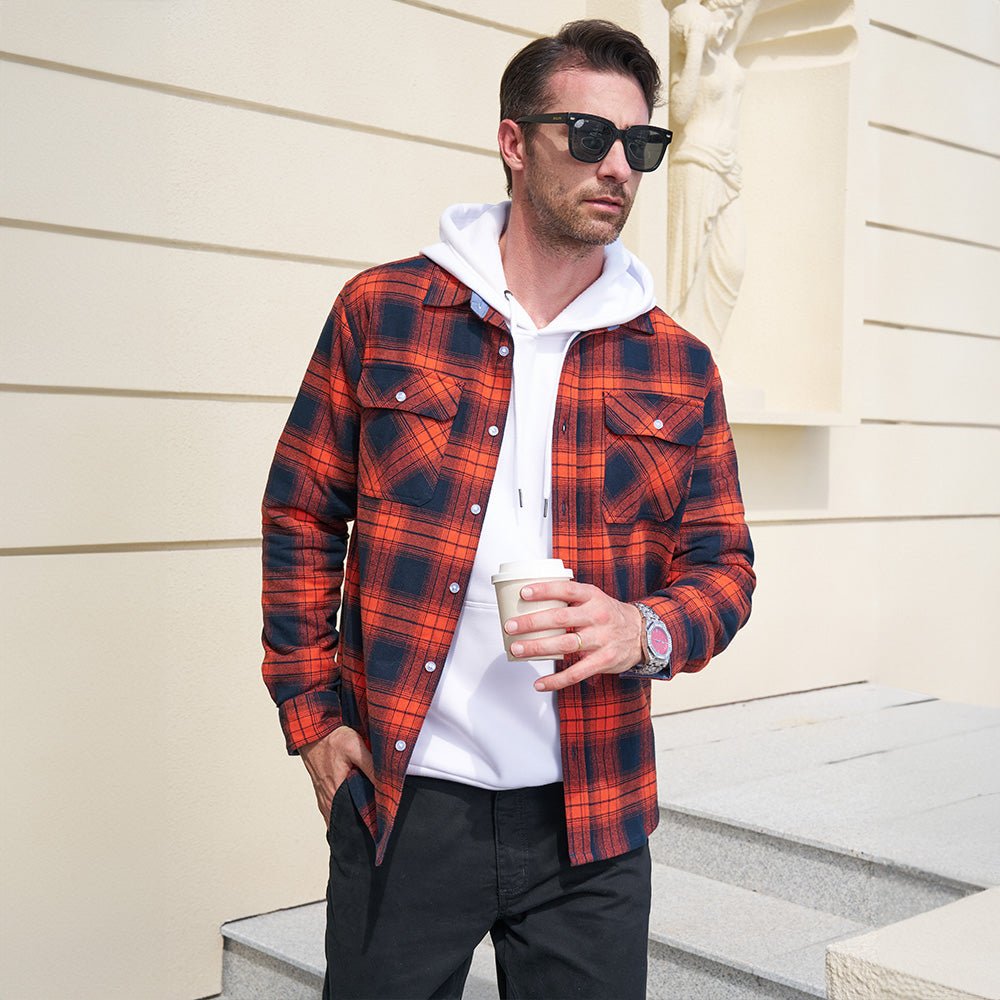 Men’s Long Sleeve Button-Down Plaid Shirt with Chest Pockets
