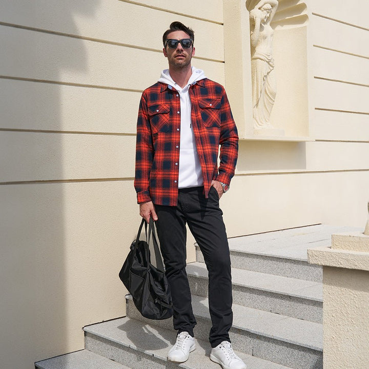 Men’s Long Sleeve Button-Down Plaid Shirt with Chest Pockets