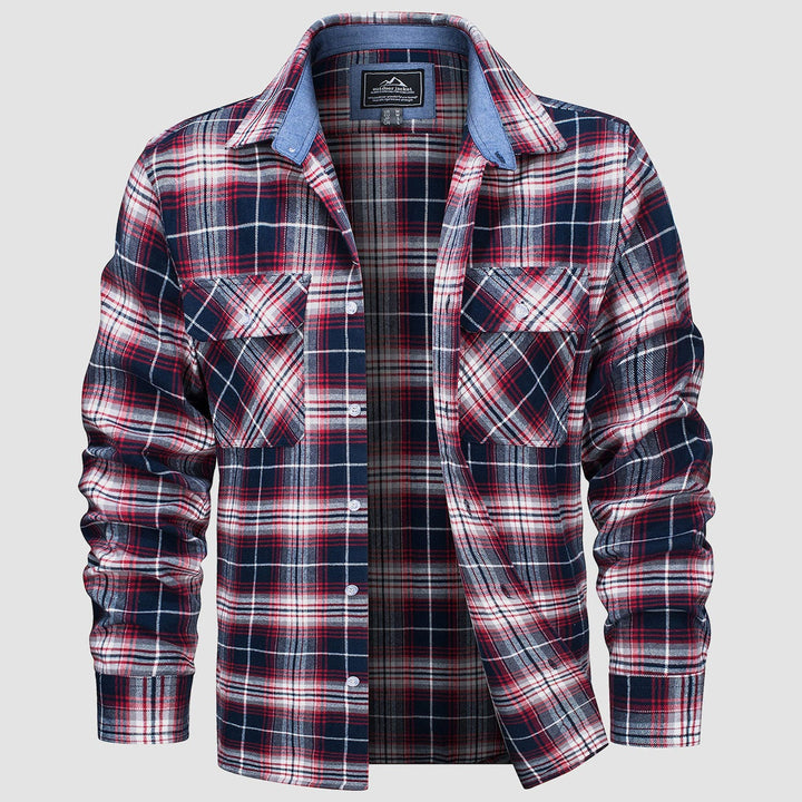 Men’s Long Sleeve Button-Down Plaid Shirt with Chest Pockets