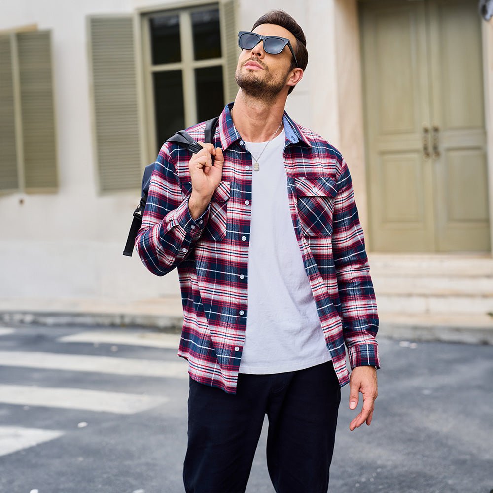 Men’s Long Sleeve Button-Down Plaid Shirt with Chest Pockets