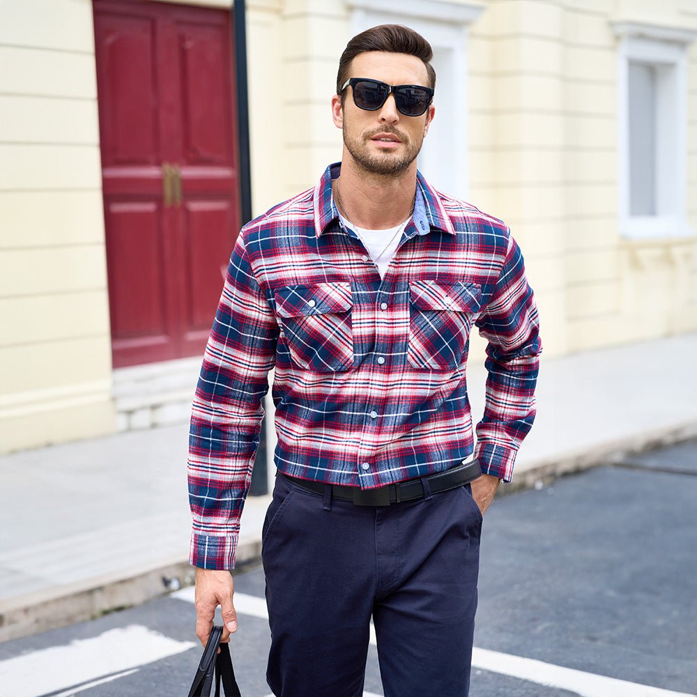 Men’s Long Sleeve Button-Down Plaid Shirt with Chest Pockets