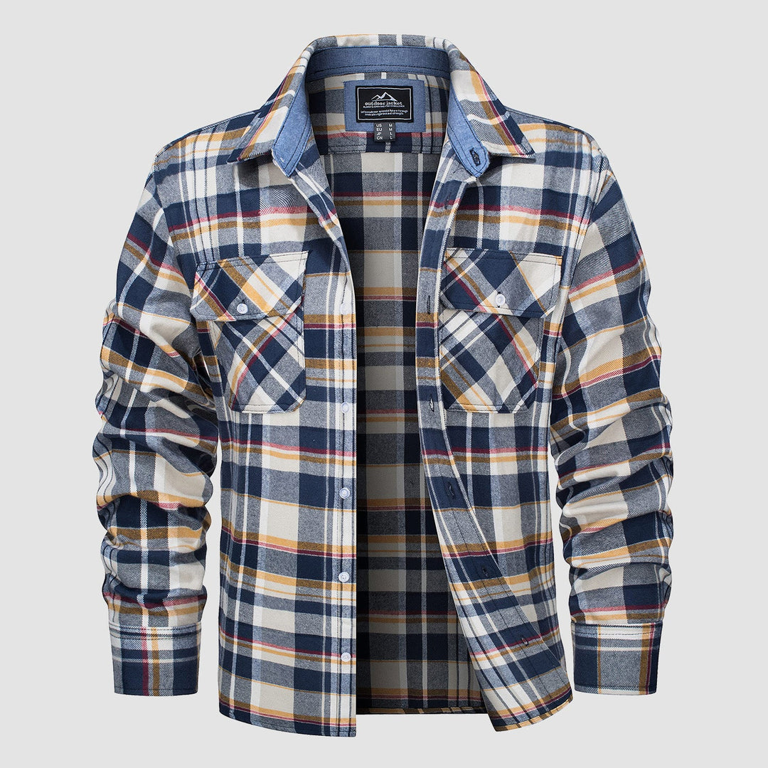 Men’s Long Sleeve Button-Down Plaid Shirt with Chest Pockets