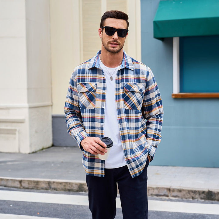 Men’s Long Sleeve Button-Down Plaid Shirt with Chest Pockets