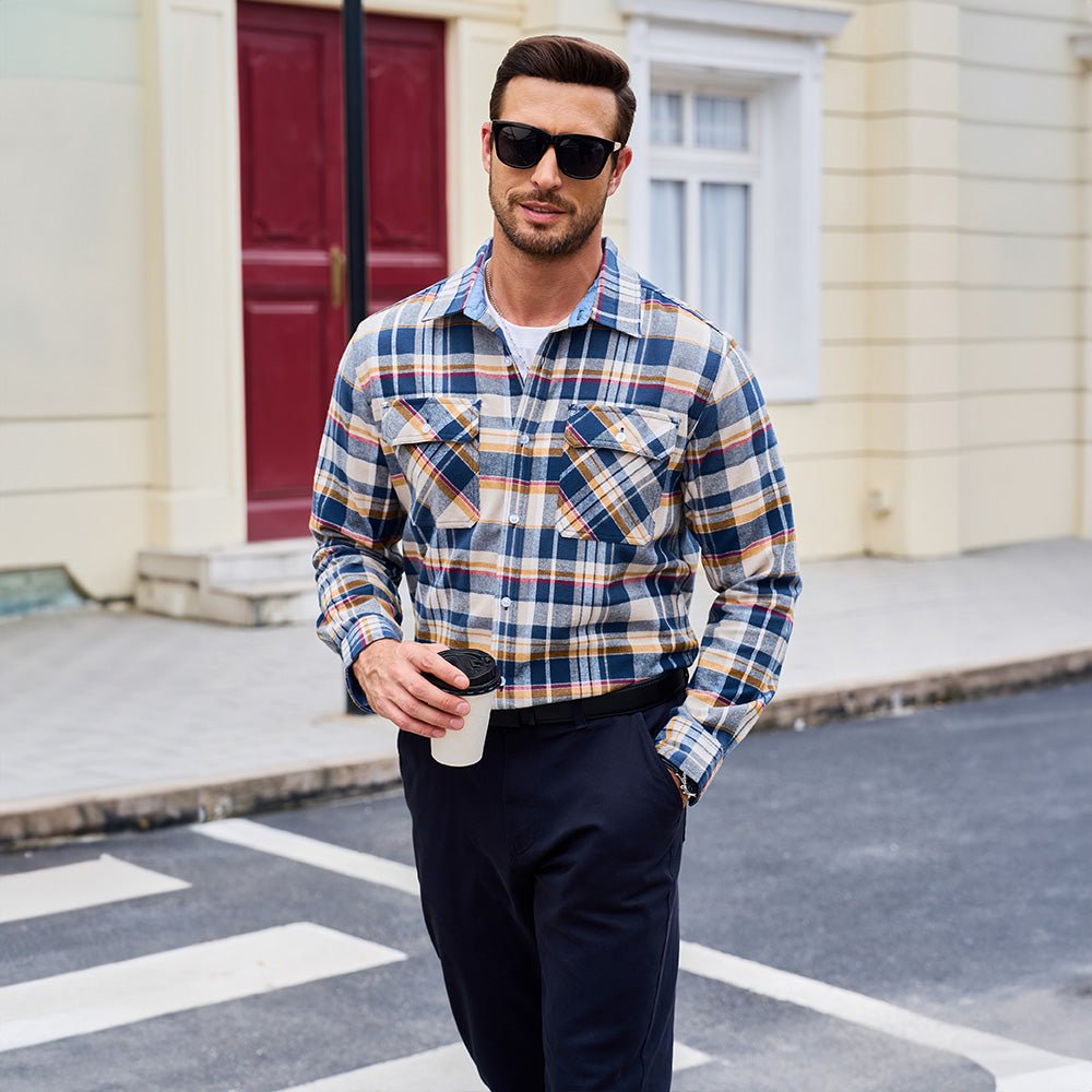 Men’s Long Sleeve Button-Down Plaid Shirt with Chest Pockets